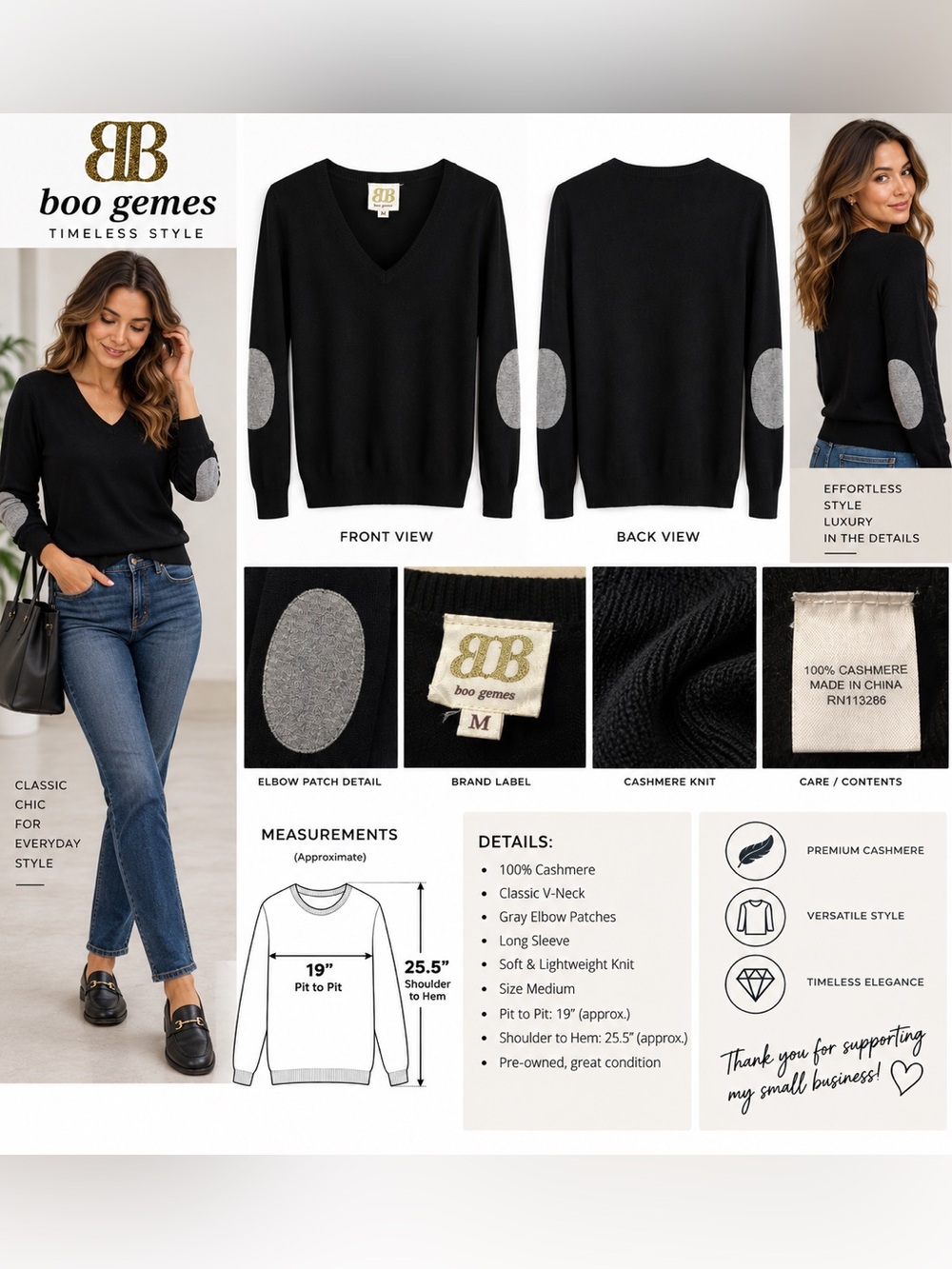 Boo Gemes 100% Cashmere Sweater Men’s M Black Gray Elbow Patch V-Neck